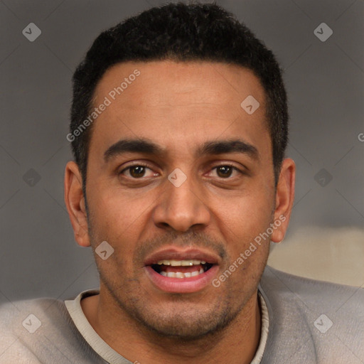 Joyful white young-adult male with short  black hair and brown eyes