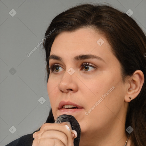 Neutral white young-adult female with medium  brown hair and brown eyes