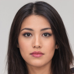 Neutral asian young-adult female with long  brown hair and brown eyes