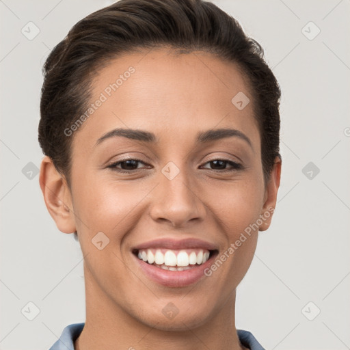 Joyful white young-adult female with short  brown hair and brown eyes