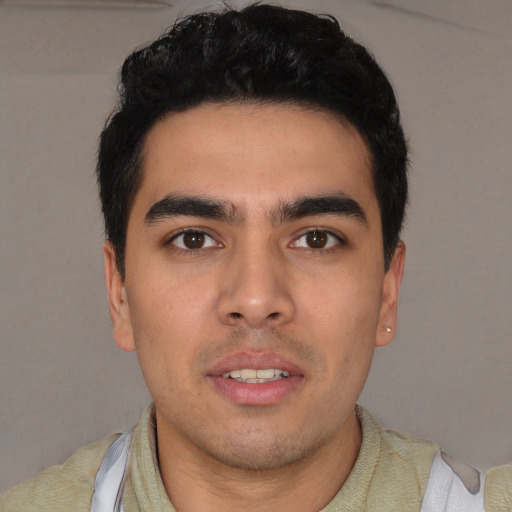 Neutral white young-adult male with short  black hair and brown eyes