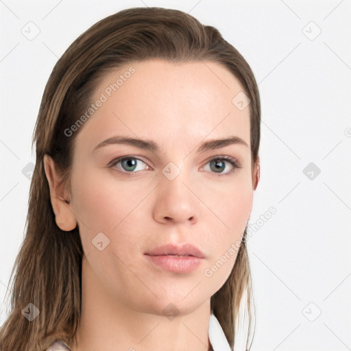 Neutral white young-adult female with long  brown hair and grey eyes