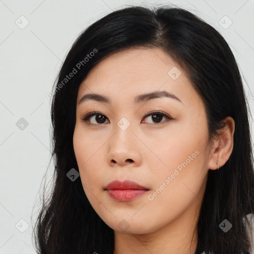 Neutral asian young-adult female with long  black hair and brown eyes