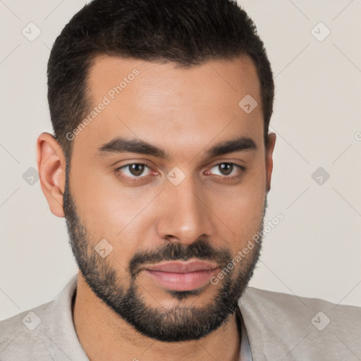 Neutral white young-adult male with short  black hair and brown eyes