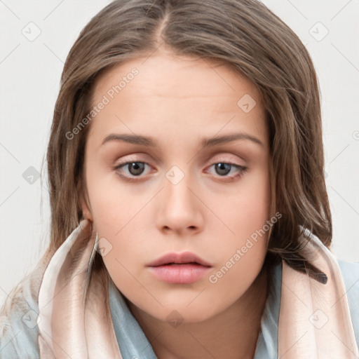 Neutral white young-adult female with medium  brown hair and grey eyes