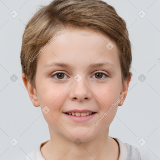 Joyful white child female with short  brown hair and brown eyes