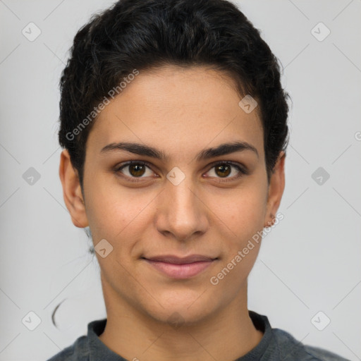 Joyful latino young-adult female with short  brown hair and brown eyes