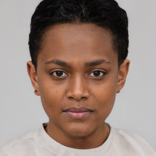 Neutral black young-adult female with short  black hair and brown eyes