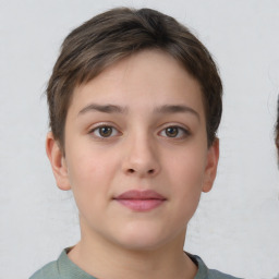 Neutral white young-adult female with short  brown hair and grey eyes