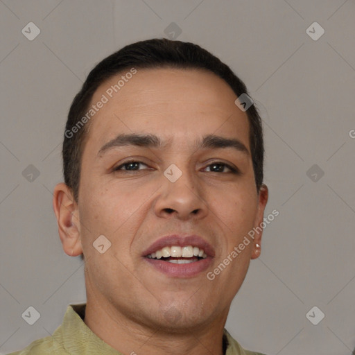 Joyful white adult male with short  brown hair and brown eyes