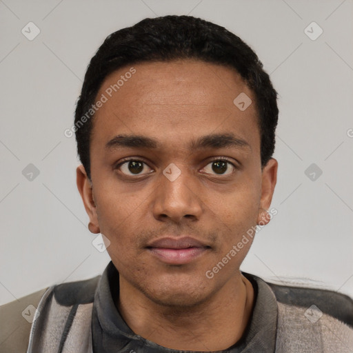 Neutral black young-adult male with short  black hair and brown eyes
