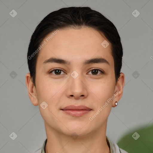 Joyful white young-adult female with short  brown hair and brown eyes