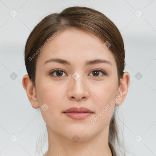 Neutral white young-adult female with short  brown hair and brown eyes