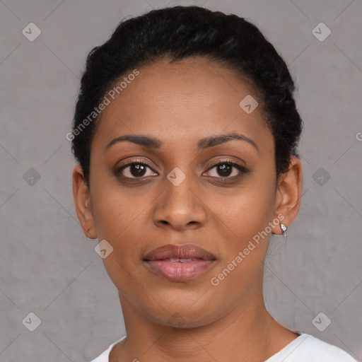 Joyful latino young-adult female with short  black hair and brown eyes