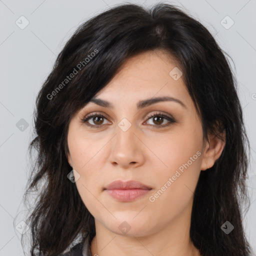 Joyful asian young-adult female with long  brown hair and brown eyes