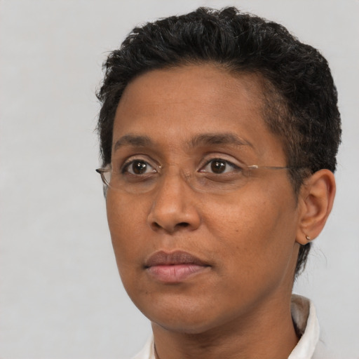 Neutral black adult female with short  brown hair and brown eyes