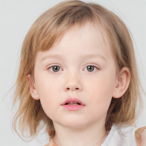 Neutral white child female with medium  brown hair and blue eyes