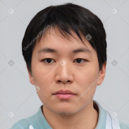 Neutral asian young-adult male with short  black hair and brown eyes