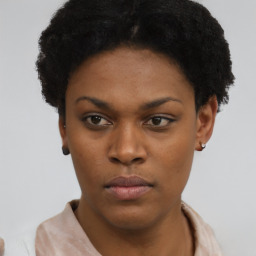 Neutral black young-adult female with short  black hair and brown eyes