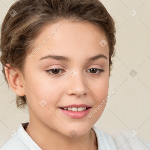 Joyful white child female with short  brown hair and brown eyes