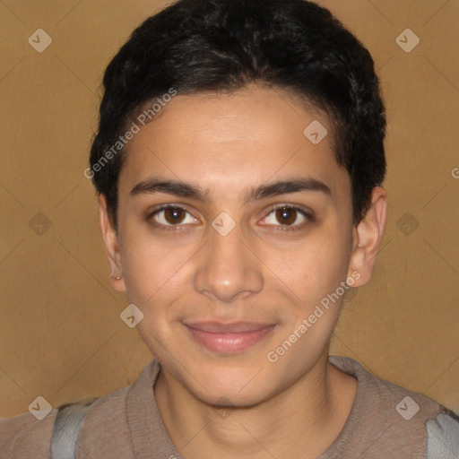 Joyful latino young-adult male with short  black hair and brown eyes