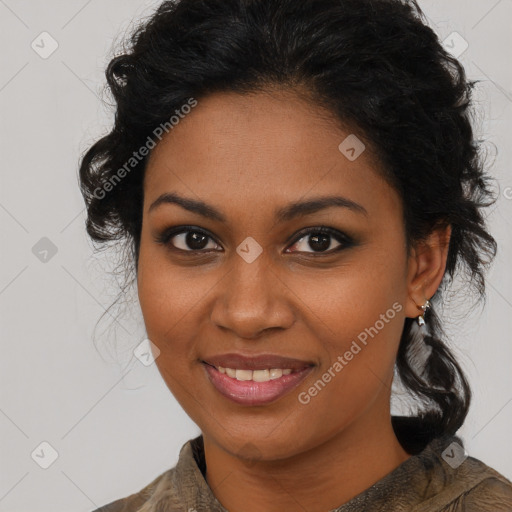 Joyful black young-adult female with medium  brown hair and brown eyes