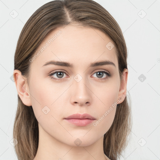 Neutral white young-adult female with long  brown hair and grey eyes