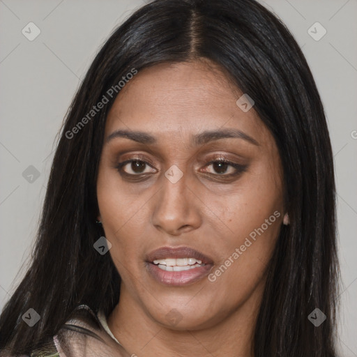 Joyful asian young-adult female with long  brown hair and brown eyes