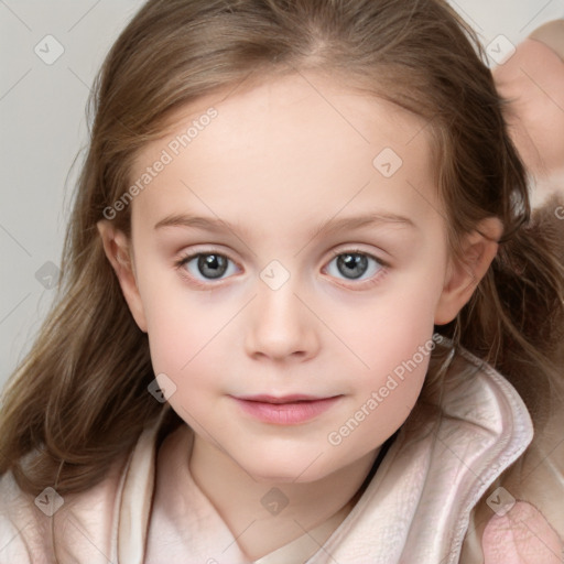 Neutral white child female with medium  brown hair and blue eyes