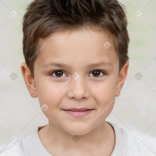 Joyful white child male with short  brown hair and brown eyes