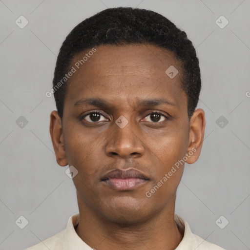 Neutral black young-adult male with short  black hair and brown eyes