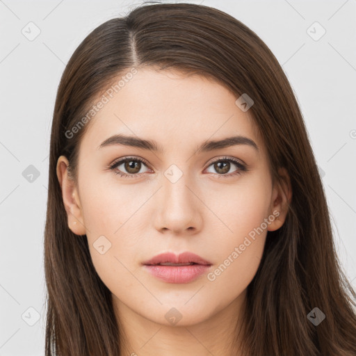 Neutral white young-adult female with long  brown hair and brown eyes