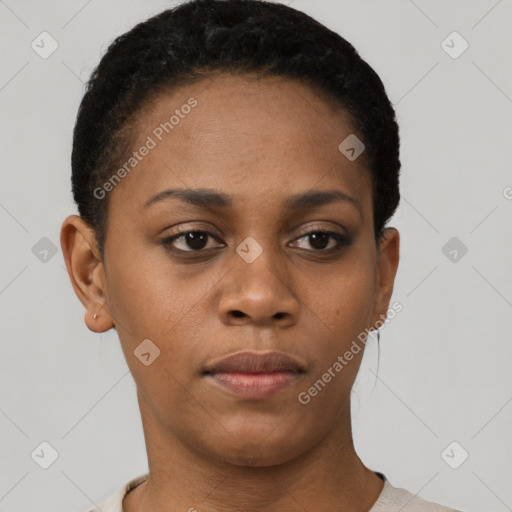 Neutral black young-adult female with short  brown hair and brown eyes