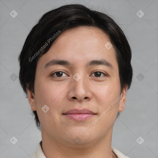 Joyful asian young-adult male with short  brown hair and brown eyes