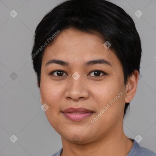 Joyful asian young-adult female with short  brown hair and brown eyes