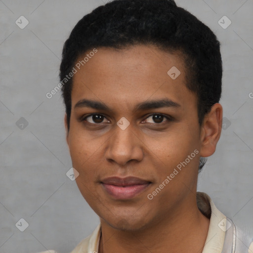 Joyful black young-adult male with short  black hair and brown eyes