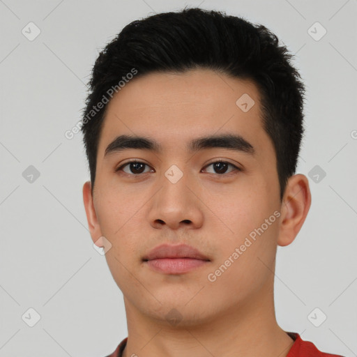 Neutral asian young-adult male with short  black hair and brown eyes