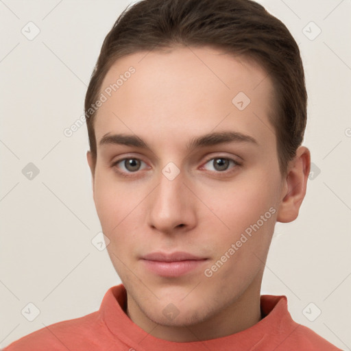 Neutral white young-adult male with short  brown hair and brown eyes