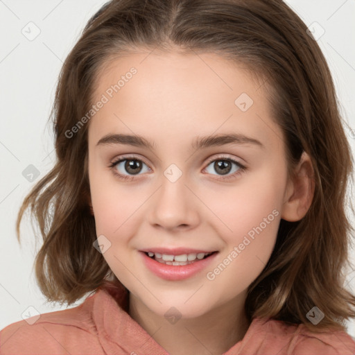 Joyful white child female with medium  brown hair and brown eyes