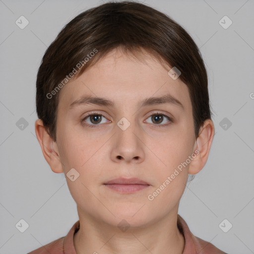 Neutral white young-adult female with short  brown hair and brown eyes