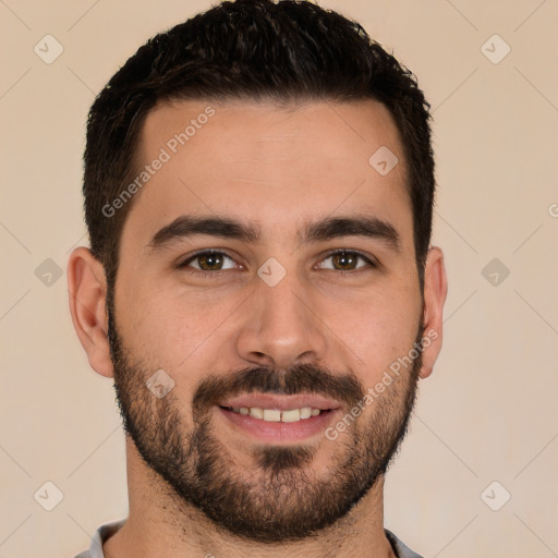 Joyful white young-adult male with short  brown hair and brown eyes