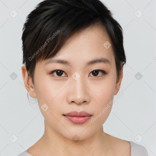 Neutral asian young-adult female with short  brown hair and brown eyes