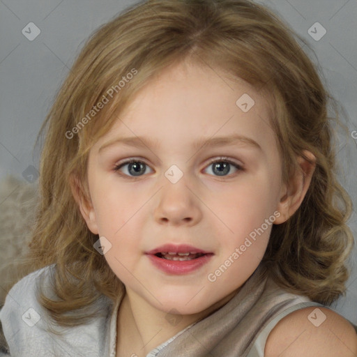 Joyful white child female with medium  brown hair and brown eyes