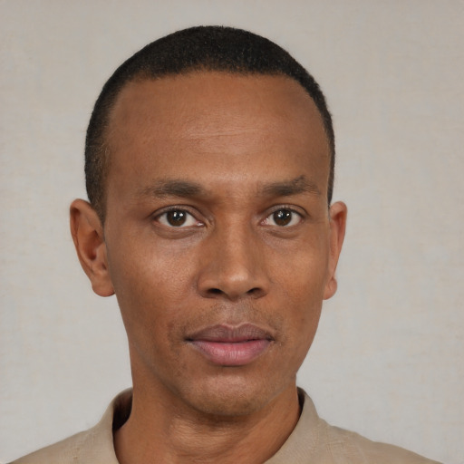 Neutral black young-adult male with short  black hair and brown eyes