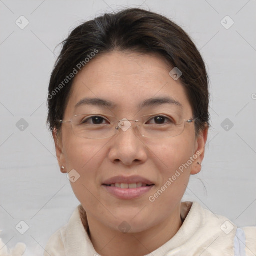 Joyful white adult female with short  brown hair and brown eyes