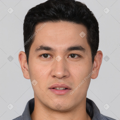 Neutral latino young-adult male with short  black hair and brown eyes