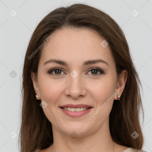 Joyful white young-adult female with long  brown hair and grey eyes