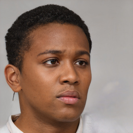Neutral black young-adult female with short  brown hair and brown eyes
