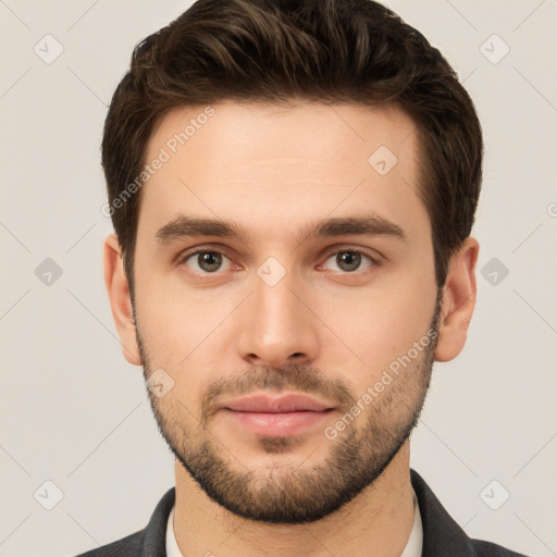 Neutral white young-adult male with short  brown hair and brown eyes