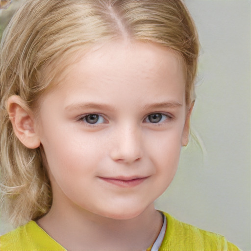 Joyful white child female with medium  brown hair and grey eyes